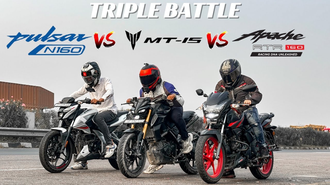2024 TVS APACHE RTR160 RACE EDITION..VS..YAMAHA MT15 ..VS.. BAJAJ PULSAR N160 !!! TRIPLE BATTLE 😱