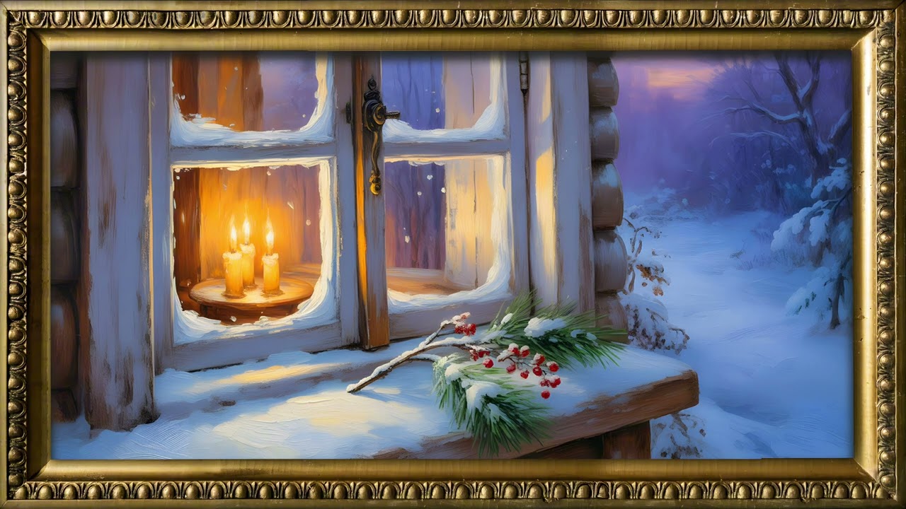 Cozy Winter Window Candlelight | Christmas Fireplace Ambience | TV Art Screensaver