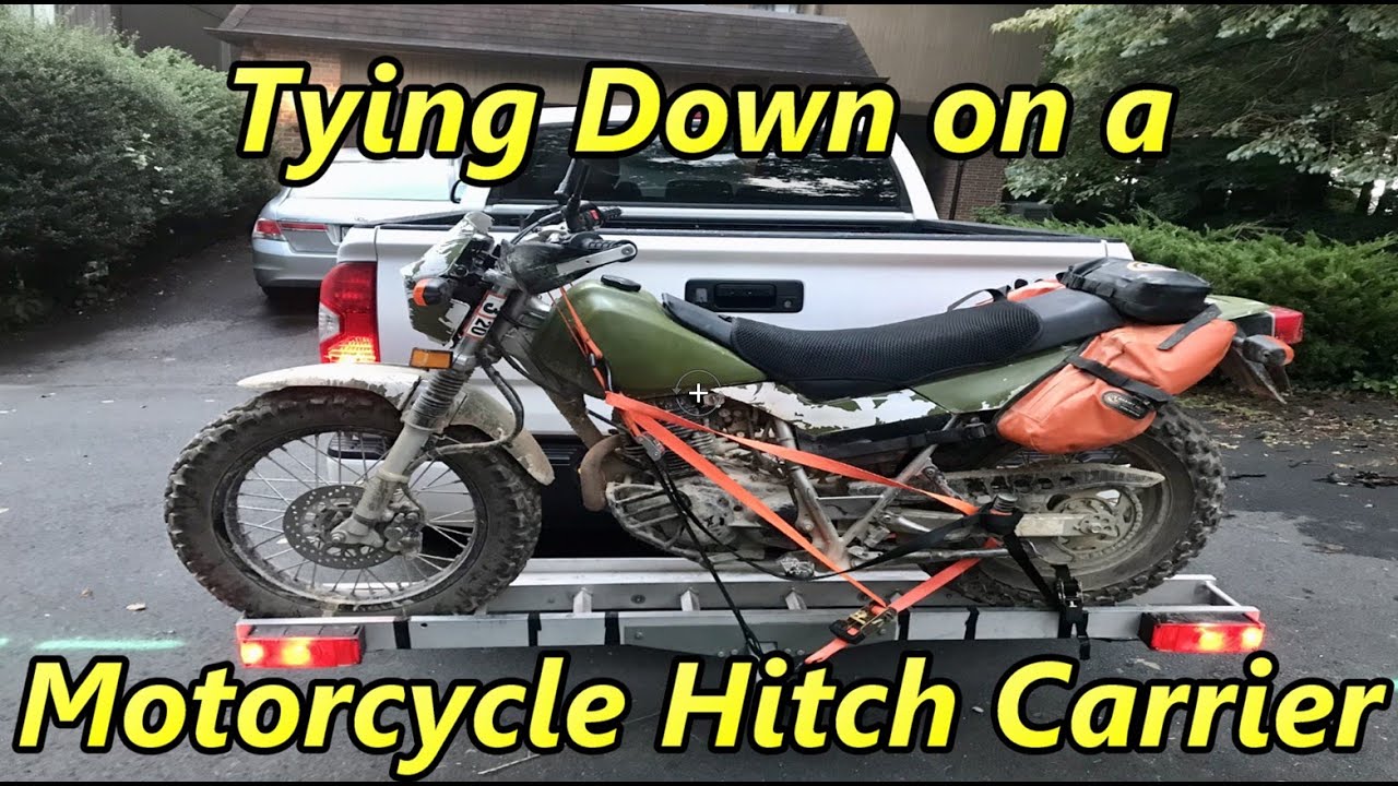 Loading, tying down and unloading a motorcycle hitch carrier