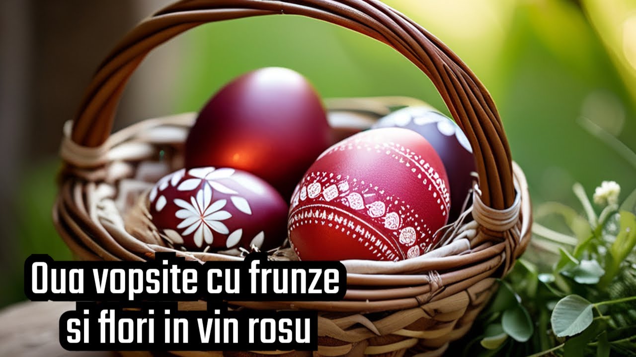 Oua vopsite cu frunze si flori in vin rosu.
