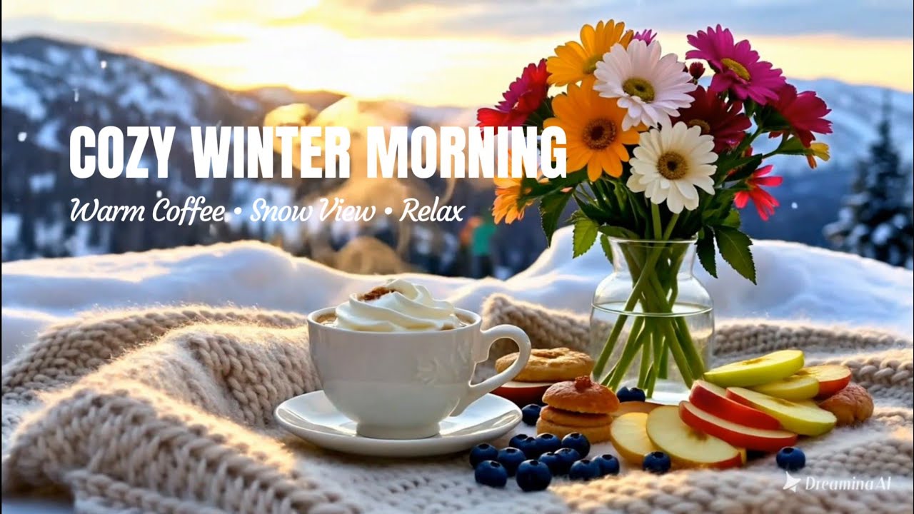Cozy Winter Morning ☕ Snowy Mountain Coffee & Relaxing Cafe Ambience | 4K Aesthetic