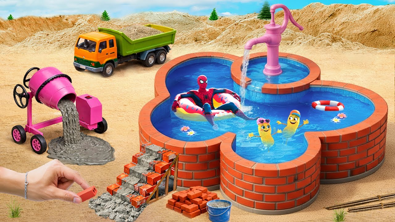 DIY Mini Tractor Builds a Multi-Section Brick Swimming Pool With Water Pump System | Science Project