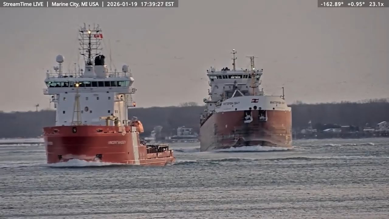 CCGS Vincent Massey escorting Whitefish Bay through Algonac and Marine City 1-19-26