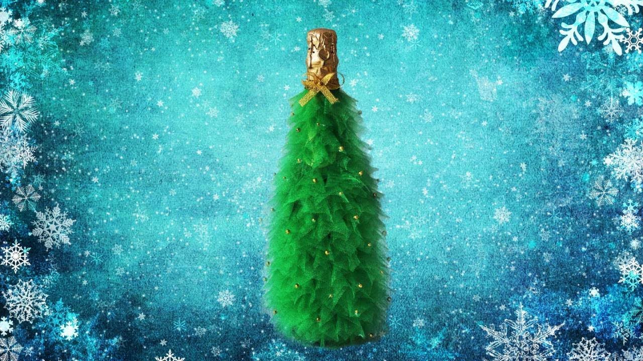 Как сделать елку из бутылки шампанского и фатина