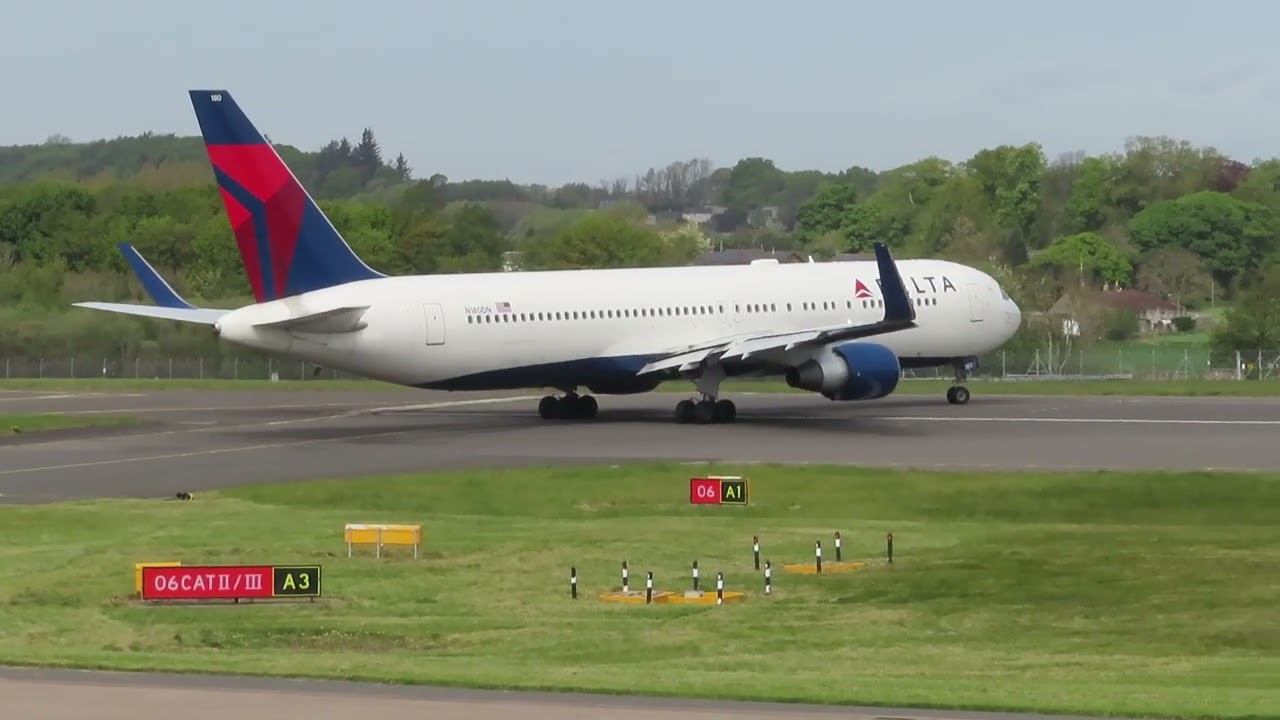 Delta airlines Boeing 767-332ER Taxi and Takeoff at Edinburgh airport, EDI