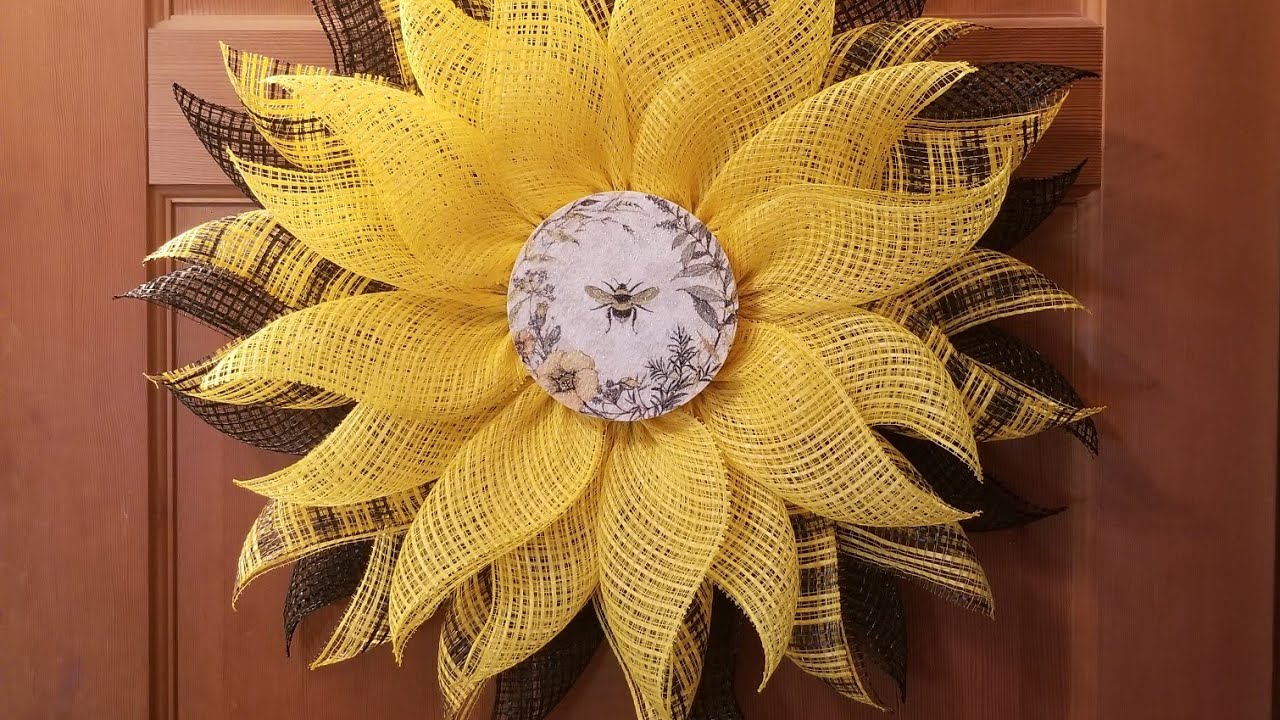 Rita Petal Sunflower Wreath with Handcrafted Decoupage Bee Center on a Wire Wreath Frame