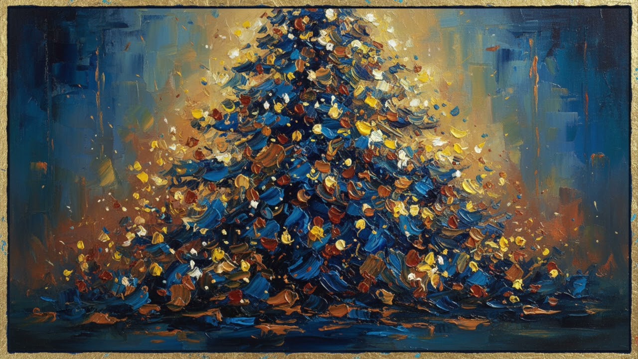 Abstract Christmas Tree Oil Painting in golden blue &ndash; HD digital TV Background Frame | Festive Art