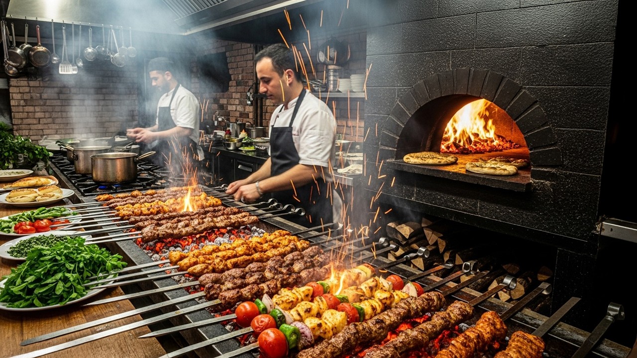 Inside a Ultimate Kebab Restaurant! Grilling Meats and Baking Breads