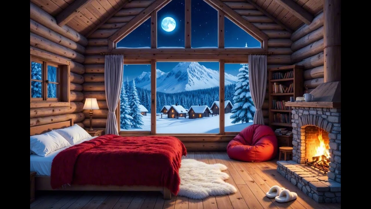 Peaceful Winter night - Cozy log cabin soundscape, a crackling fire and winter wind for relaxation
