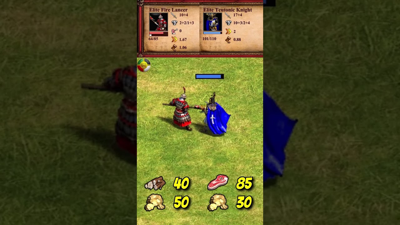 Elite Fire Lancer (Jurchens) vs Elite Teutonic Knight | The Three Kingdoms | AoE2 #Shorts