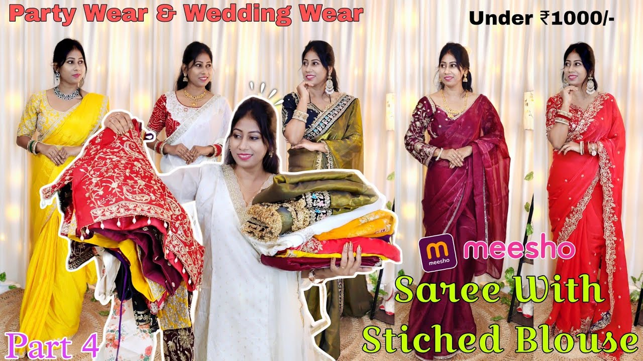 Meesho Saree With Stiched Blouse Haul ❤️  Meesho saree haul | Wedding & Party wear Saree | Try On 🌷