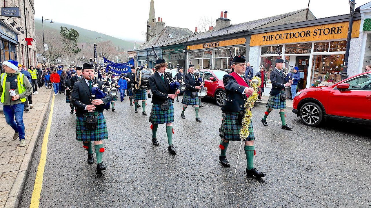 Scotland the Brave as Ballater Pipe Band lead the 2025 Little Masons Parade through Ballater town