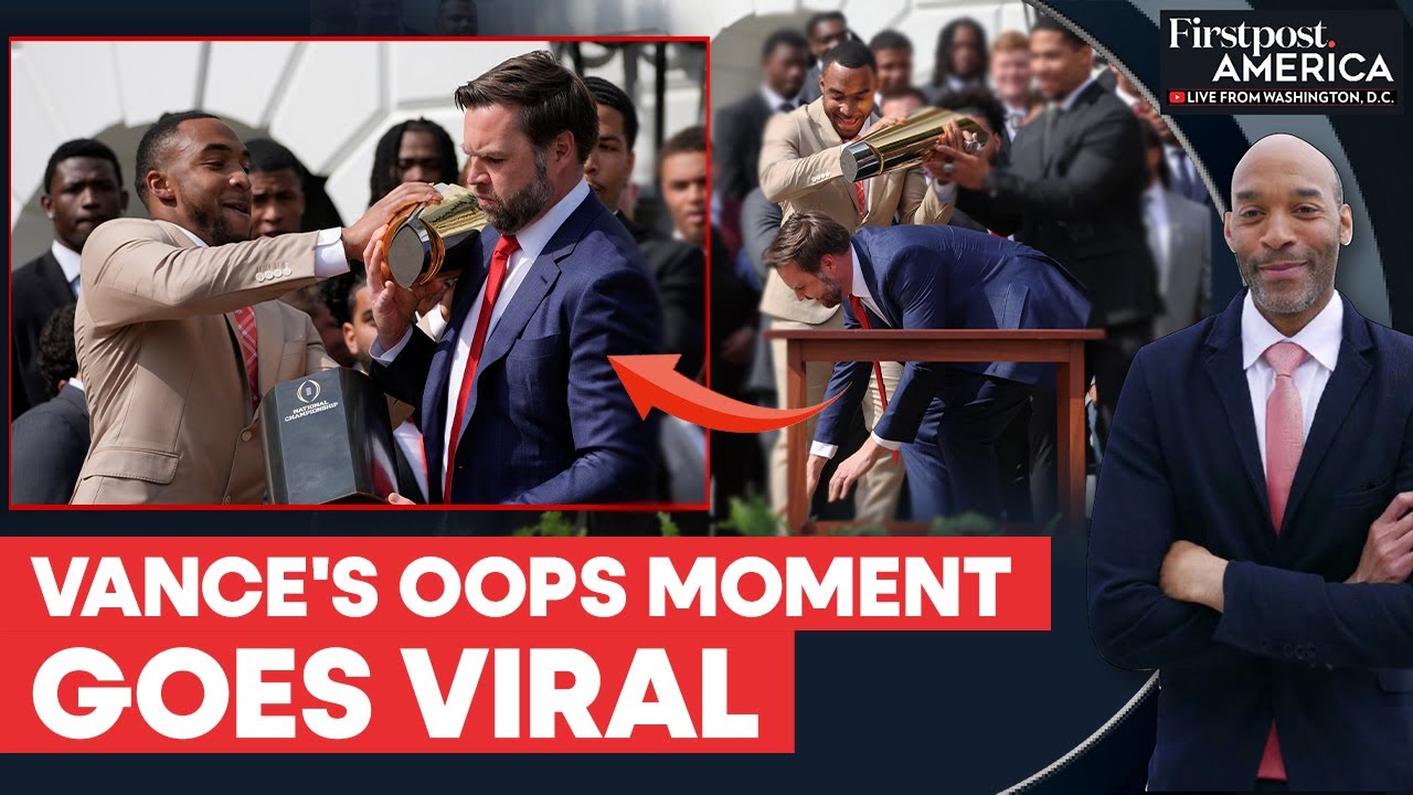 JD Vance fumbles football trophy during White House Buckeyes celebration | Firstpost America | N18G
