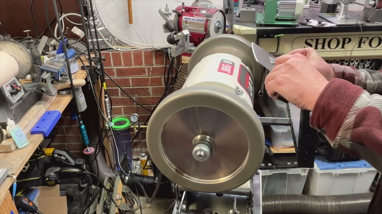 Cleaver repair on Low Speed Jet Grinder with CBN Wheels from Woodturners Wonders