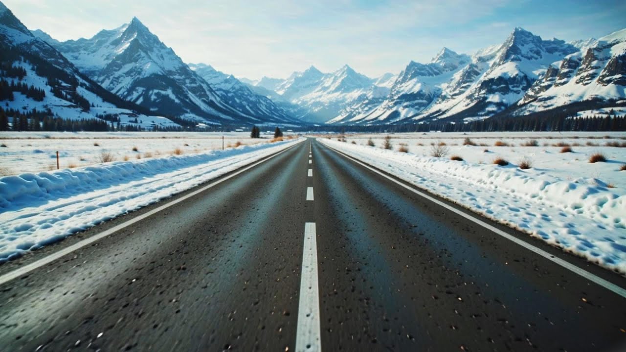 A Calm Winter Road Leading Into the Mountains for Long Focus | VAYRA