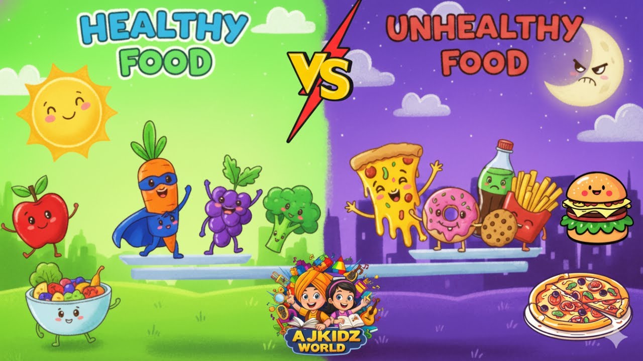 🌟 🍎🍟 Healthy vs Unhealthy Food for Kids | Fun Learning with AJKIDZ WORLD 🌈✨