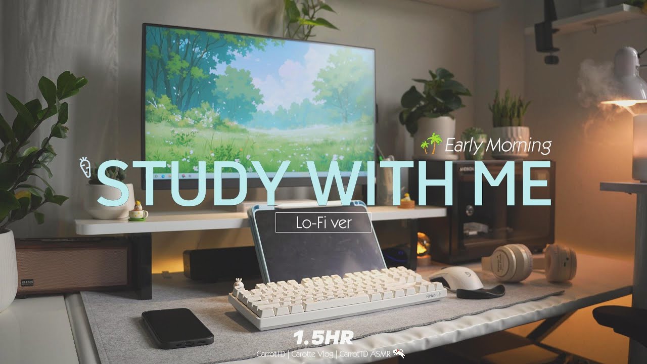 1.5-HOUR STUDY WITH ME Early Morning🌴 | Relaxing Lo-Fi, Background noise | Pomodoro 25/5