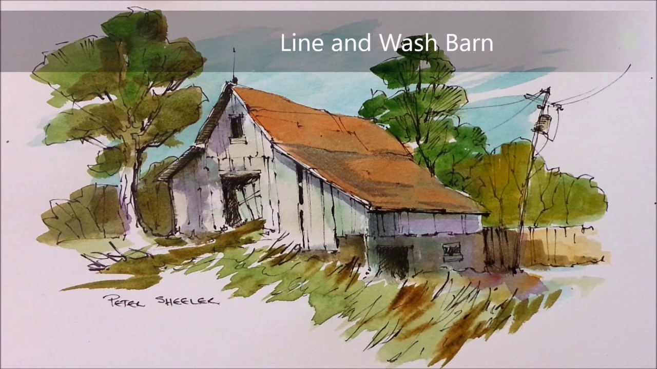 Line and Wash Watercolor Barn Demonstration. Redone in Real-time. Peter Sheeler