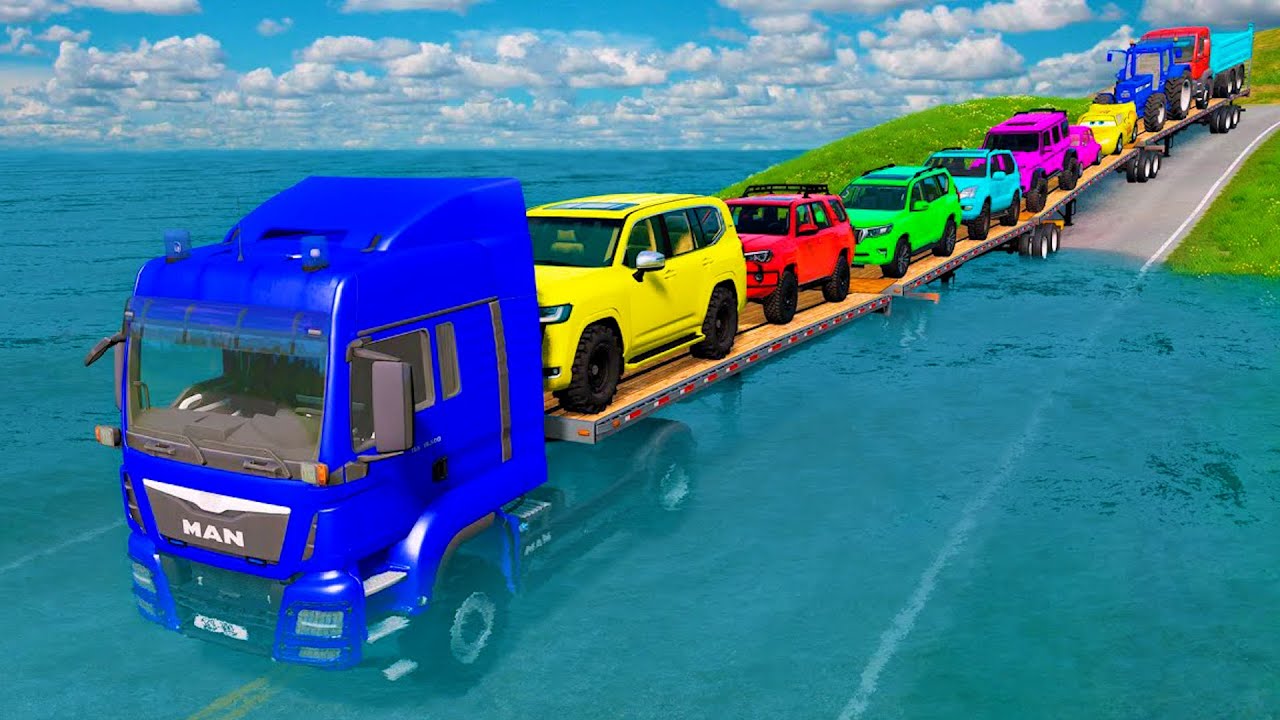 Triple Flatbed Trailer McQueen Transportation with Truck - Speedbumps vs Cars vs Train - BeamNG #