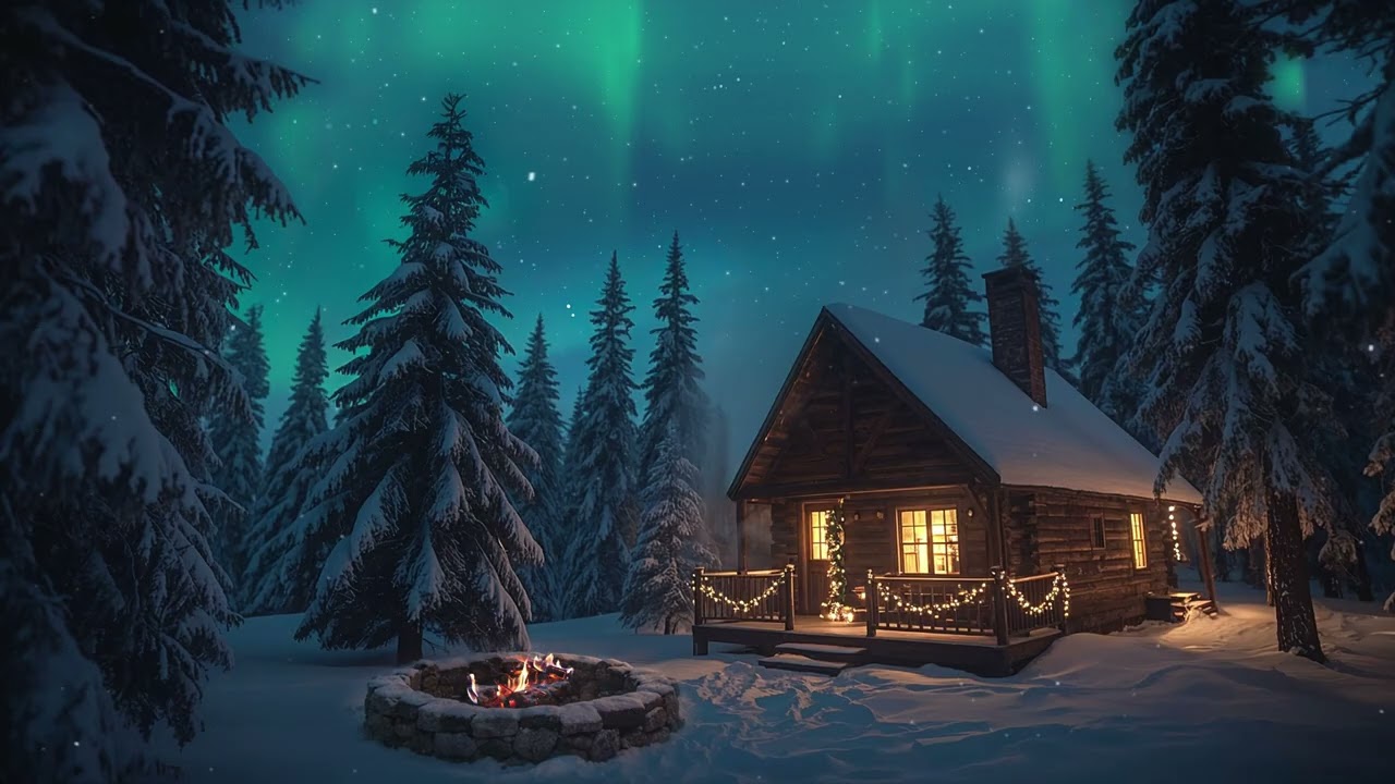 Cozy Cabin in Snowy Forest Magical Aurora Borealis 3 Hours | Relaxing Fireplace & Winter Snowfall