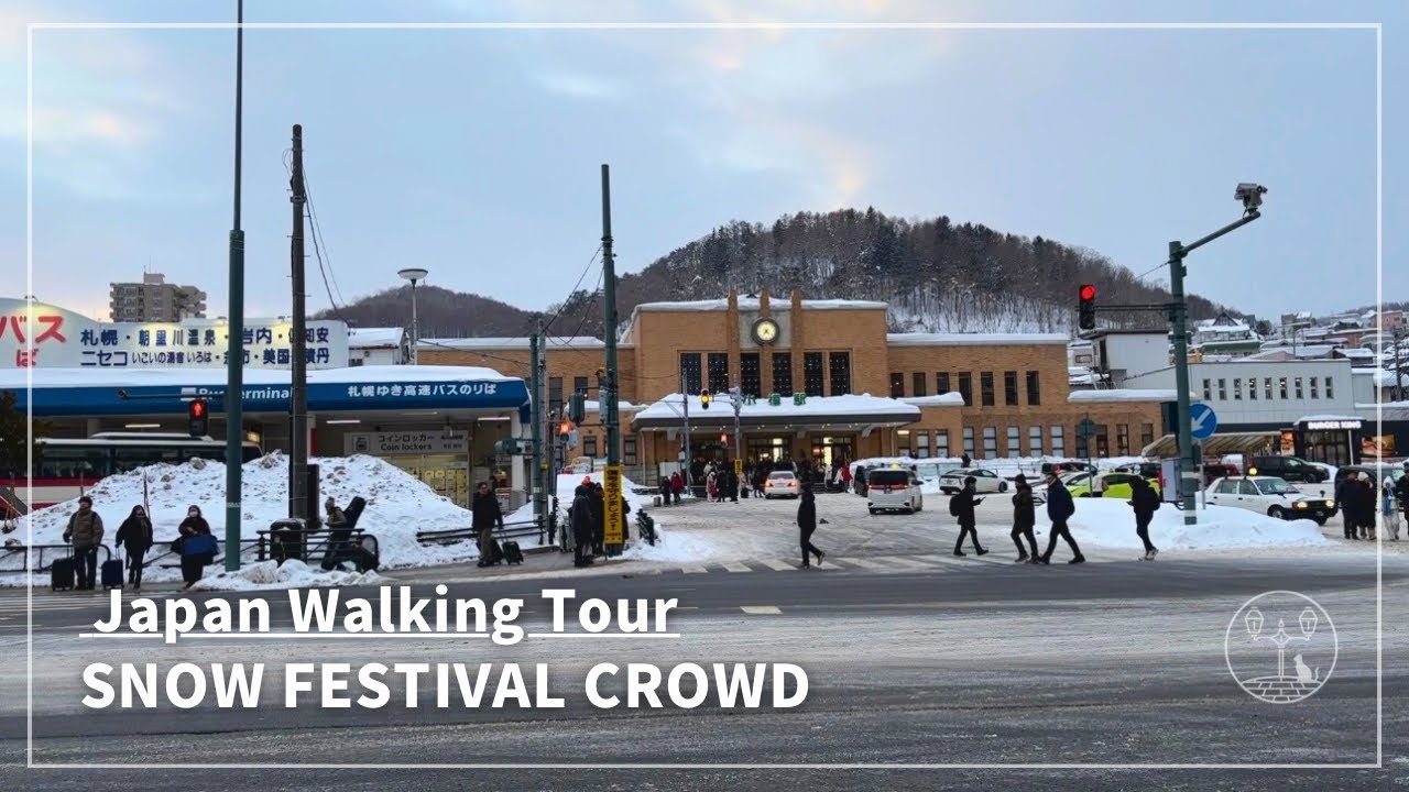 Japan Walking Tour in Otaru, Hokkaido | Crowded Snow Light Festival from Otaru Station to Canal
