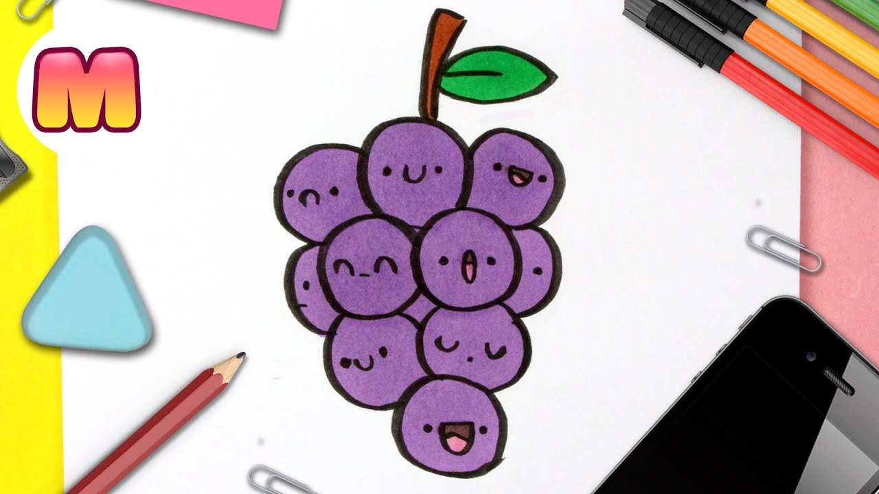 COMO DIBUJAR UVAS KAWAII - dibujos kawaii faciles - como dibujar comida kawaii
