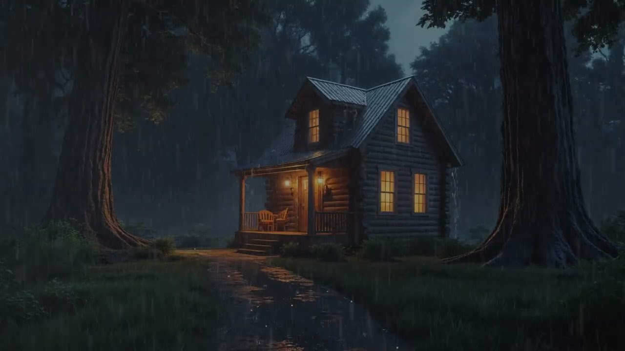 Deep Forest Rain Sound for Studying and Deep Sleep | Cozy Log Cabin Ambience | No Thunder