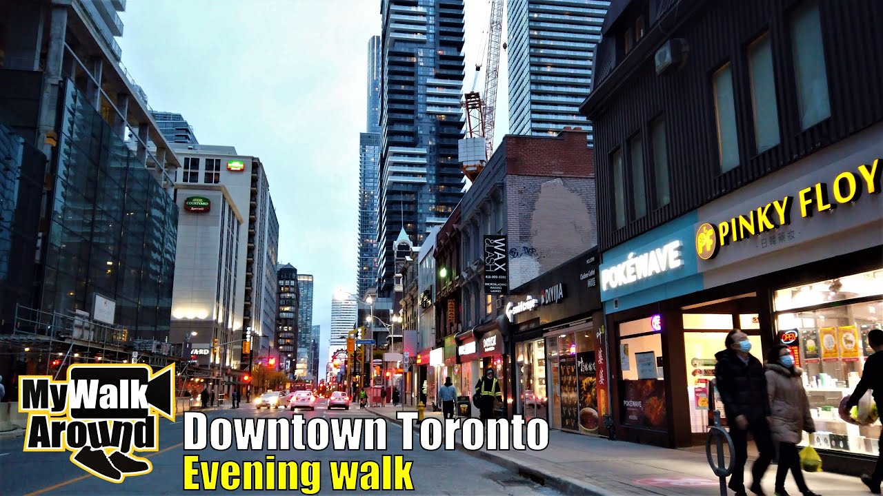 Beautiful Toronto walk downtown in the early evening checking out lights, glass buildings & people