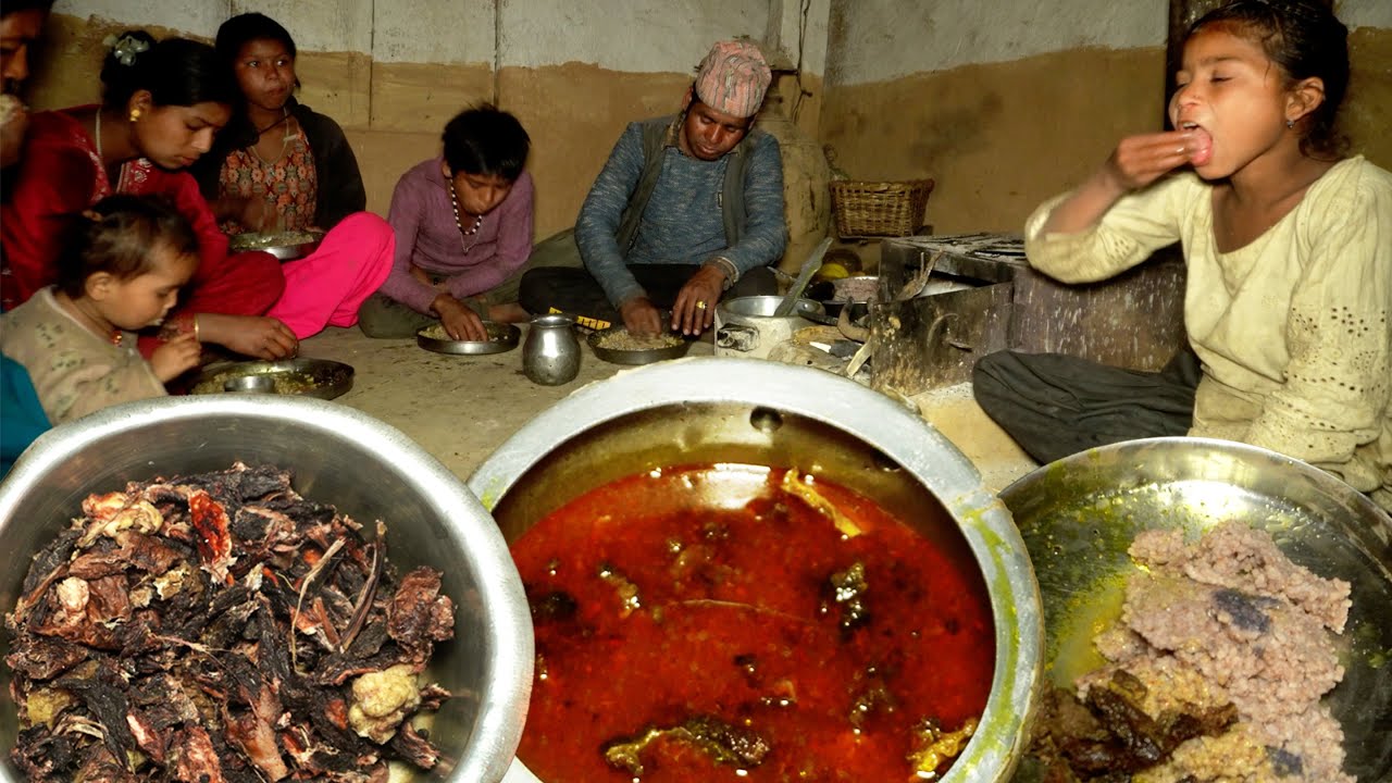 buff soup curry and rice in the village by dharme family in the village || rural Nepal ||