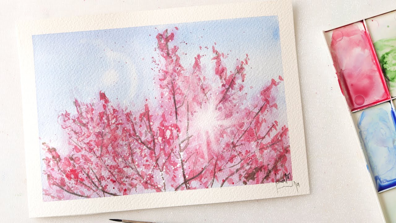 Watercolor CHERRY TREE painting for beginners - with halo effect - tutorial with text