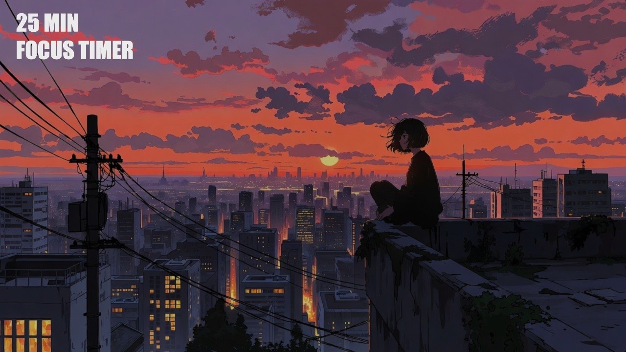 25 Minute Timer 🍅 Lofi Sunset Rooftop [Pomodoro Study With Me] No Talking