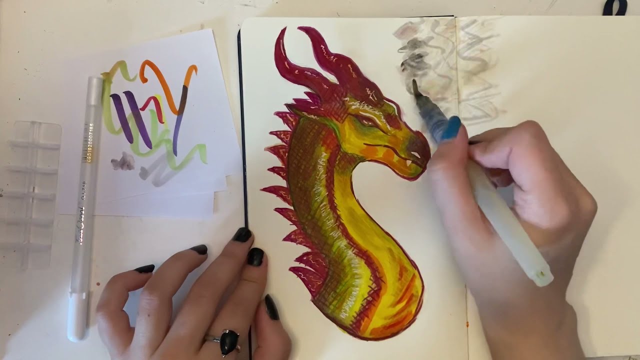 Drachen malen mit Wasserfarbe, Buntstiften und Copic Markern | Hayden