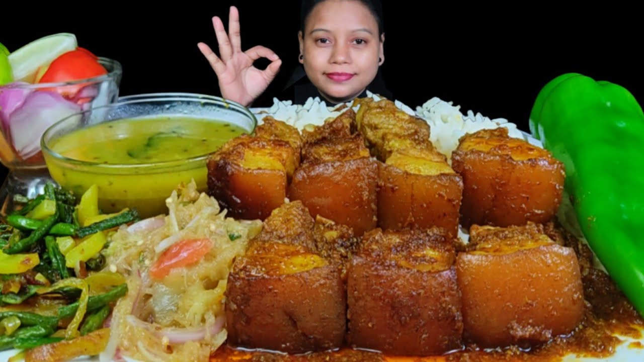 ASMR EATING SPICY PORK MASALA CURRY WITH RICE, PORK BELLY, BAIGAN BHARTA, DAL,VAJI & SALAD | MUKBANG