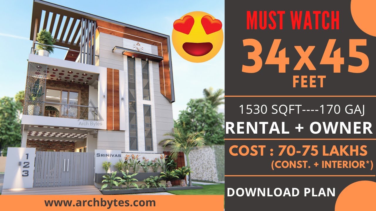 34x45 feet House Design- Rental + Owner| 1530 Sqft,9X14 Meters | 170 Gaj |3D Floor Plan | ArchBytes