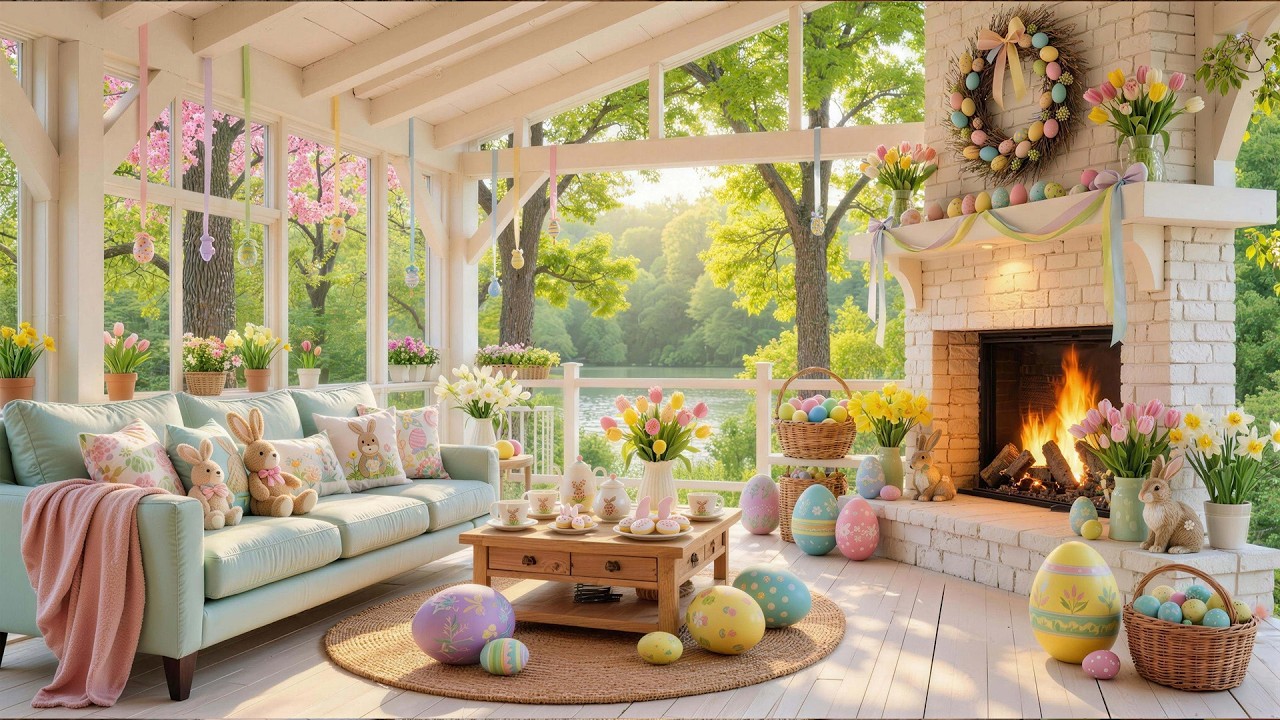Happy Easter 💐 Cozy Easter Fireplace Ambience with Calm Piano Music 🐰 Cozy Spring Ambience
