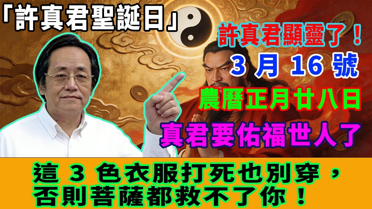 就在剛剛，許真君顯靈了！2026 年 3 月 16 號，農曆正月廿八日，「許真君聖誕日」，真君要佑福世人了，這 3 色衣服打死也別穿，否則菩薩都救不了你！