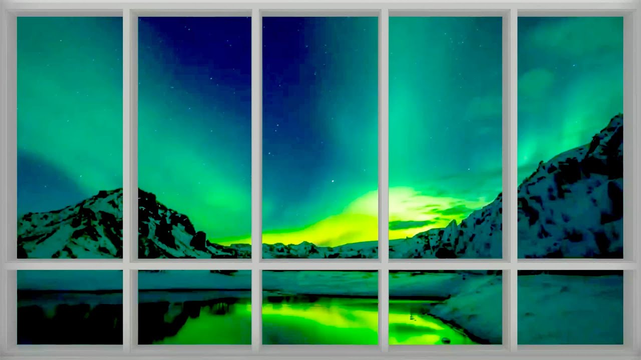 Northern Lights Window 🌌 Aurora Borealis View For TV/Projector With Crackling Fire & Wind Sounds ❄️🔥