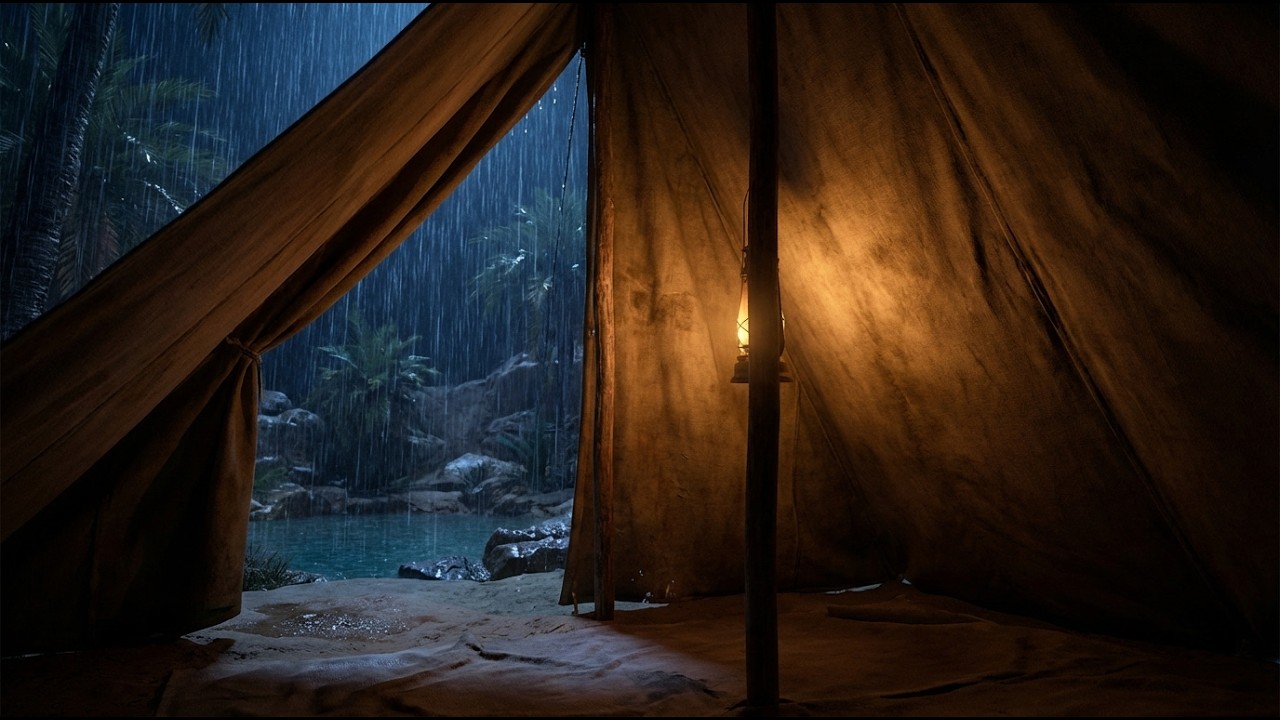 Quiet Flowing Rain Across a Desert Oasis at Night | ASMR Sleep