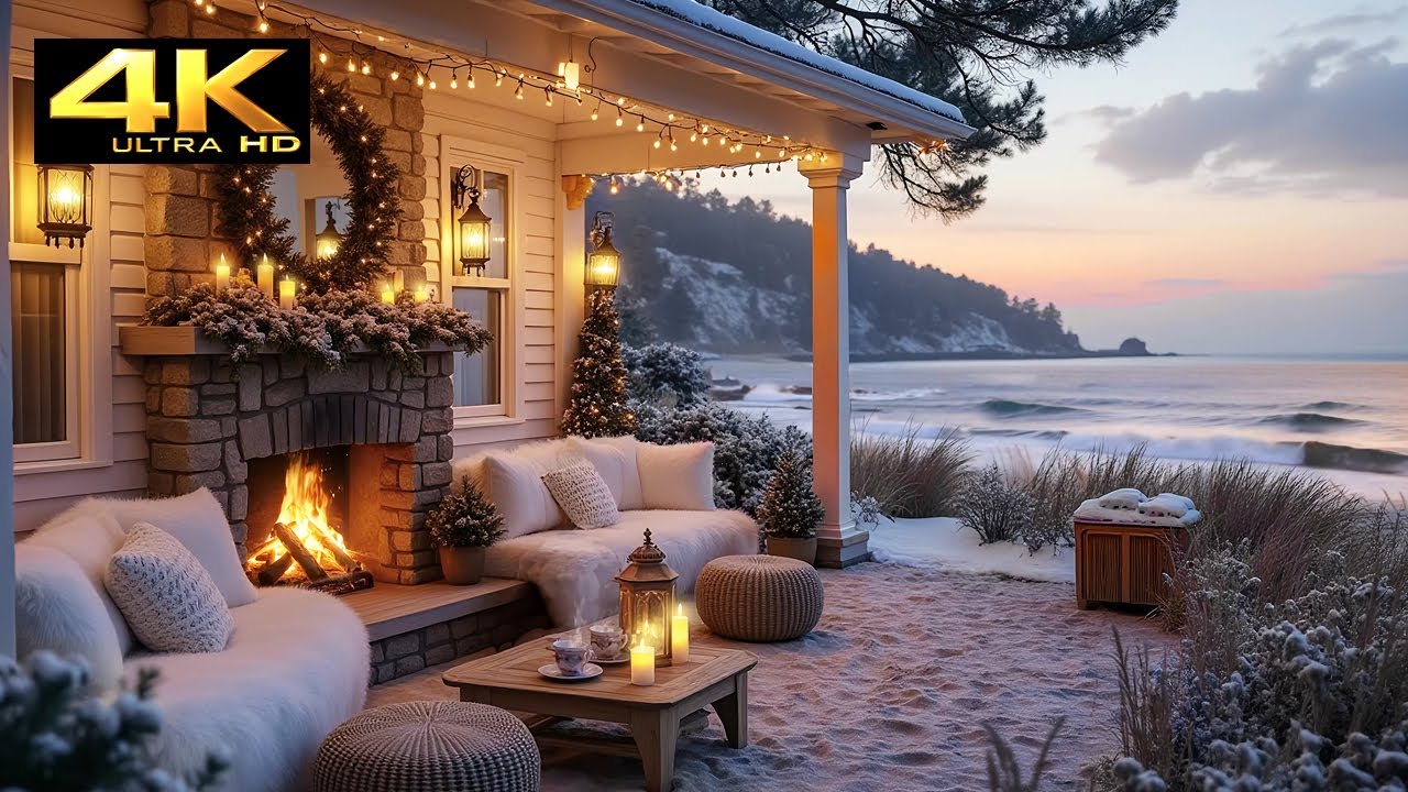 Cozy Winter Seaside Porch 🌊🔥 Crackling Fireplace & Ocean Waves | Coastal Ambience for Sleep & Relax