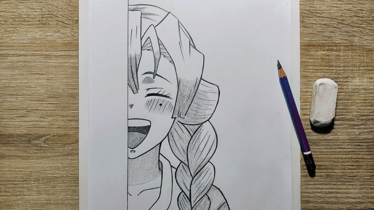 How to draw Mitsuri Kanroji step by step | Anime drawing half face | Demon Slayer