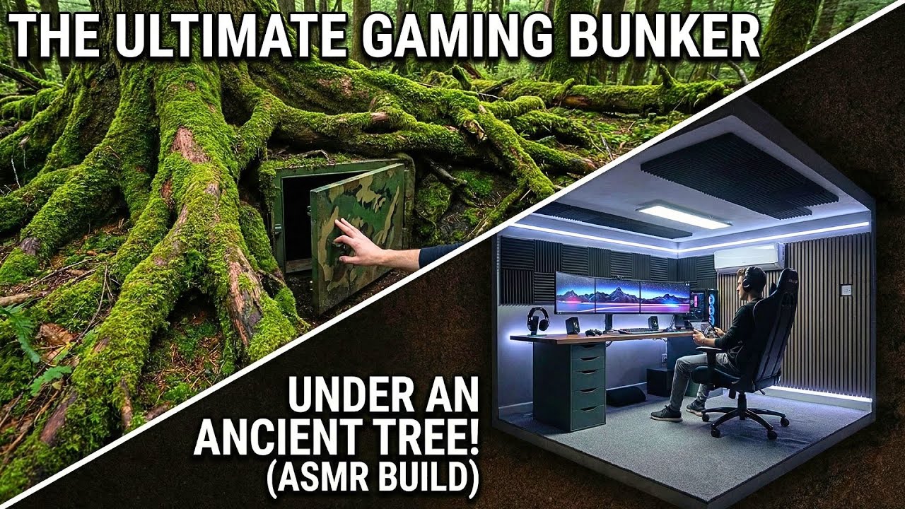The ultimate hideout!Building a high-tech gaming bunker secretly under an ancient forest tree (ASMR)