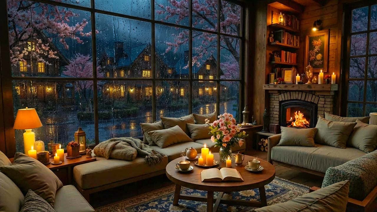 Tranquil February Jazz at Rainy Coffee Shop | Gentle Jazz Background & Fireplace Glow for Study,Work