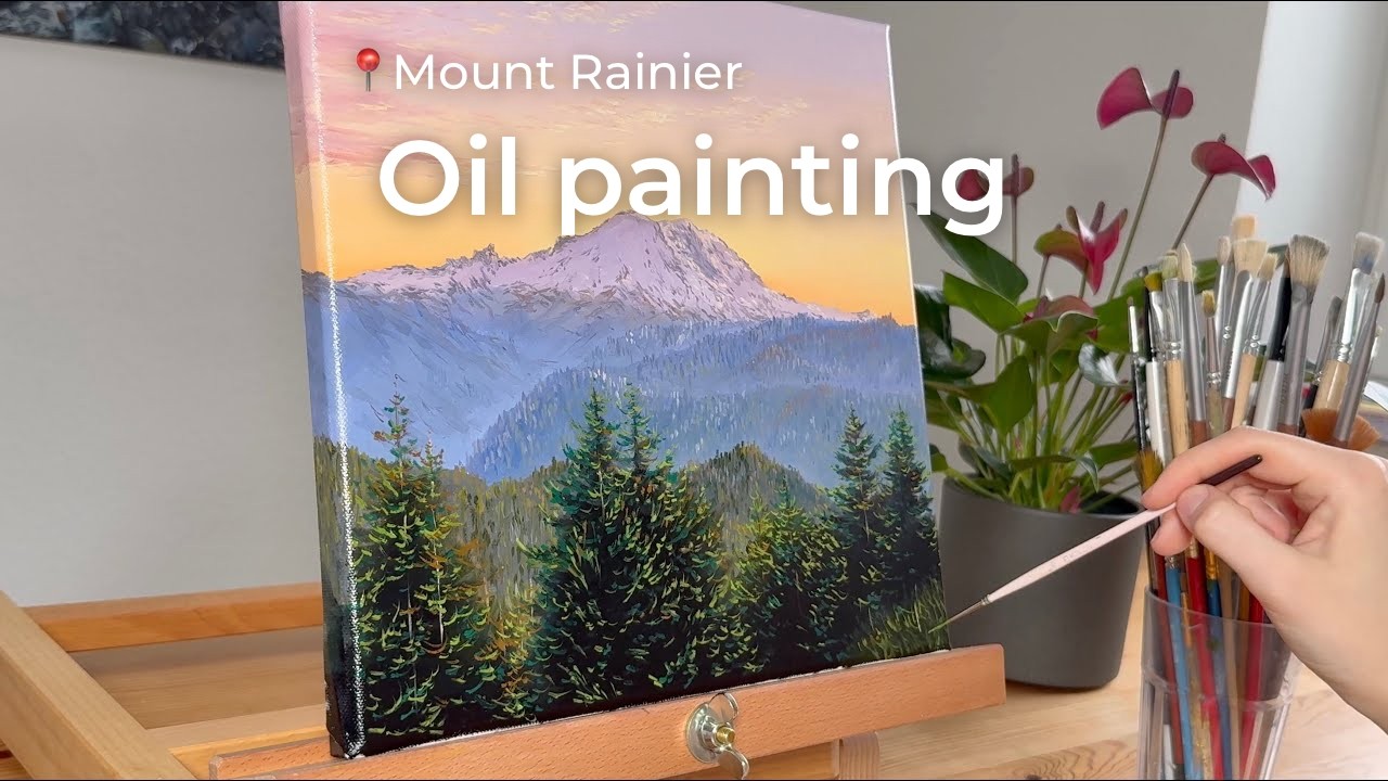 Oil Painting Process – Mount Rainier at Sunset | Relaxing Landscape Painting