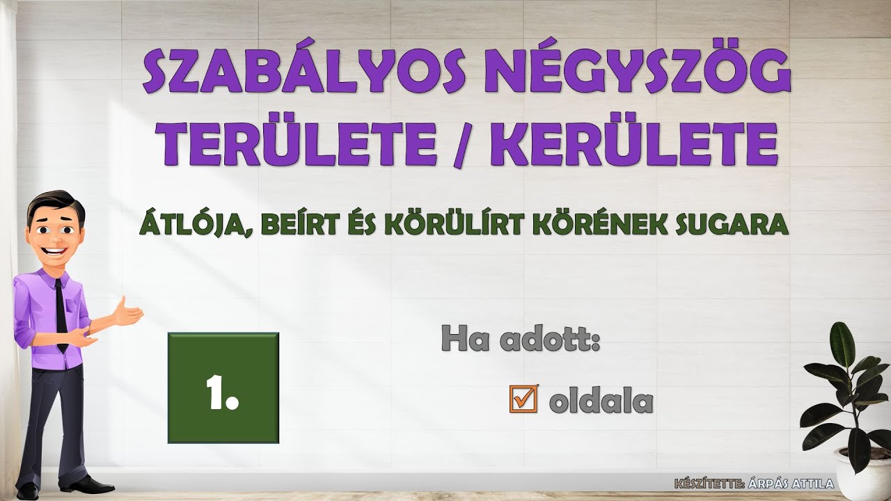 SZABÁLYOS NÉGYSZÖG (NÉGYZET) KERÜLETE ÉS TERÜLETE (ÁTLÓJA, BEÍRT ÉS KÖRÜLT KÖRÉNEK SUGARA)