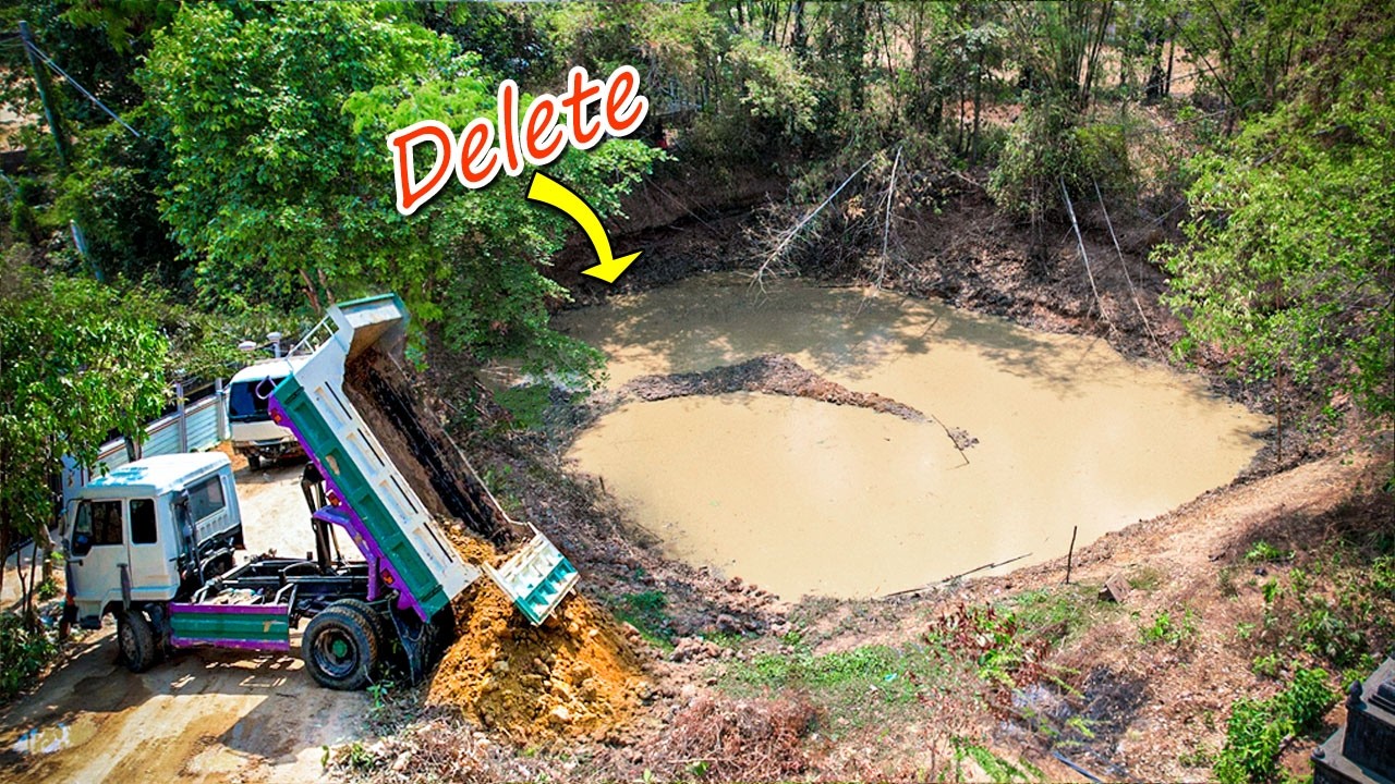 Start a new project! Pouring Soil To Delete Edge Of The Pond by Dozer KOMATSU D20P & Truck 5Ton
