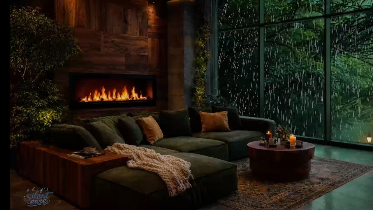 Cozy Fireplace & Rain Sounds 🌧️🔥Fireplace | Dark Green Room for Deep Sleep 