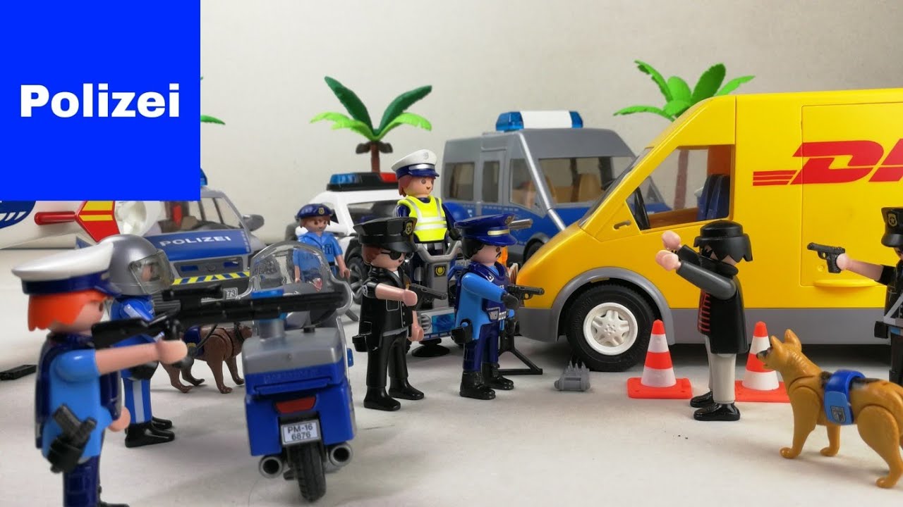 Playmobil Polizei Feuerwehr Krankenwagen &Uuml;berfall auf den DHL Transporter mega Stra&szlig;ensperre 4K 🚓👍