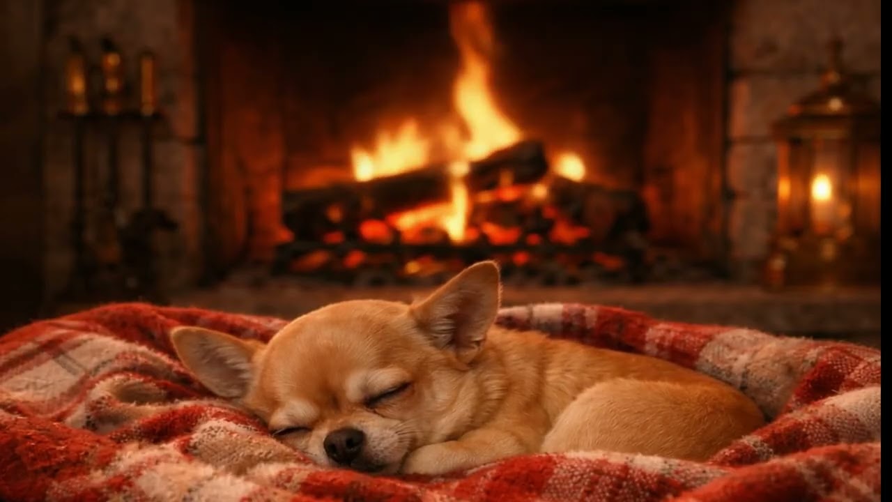 Cozy Fireplace with Sleeping Chihuahua | Relaxing Fire Sounds for Sleep 6hrs