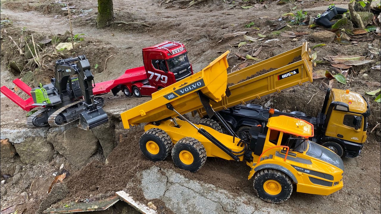 Aksi #48 Excavator Besar Huina 1593, Dump Truk RC Volvo A40G, Huina 1536, Scania RC Muatan Tanah 