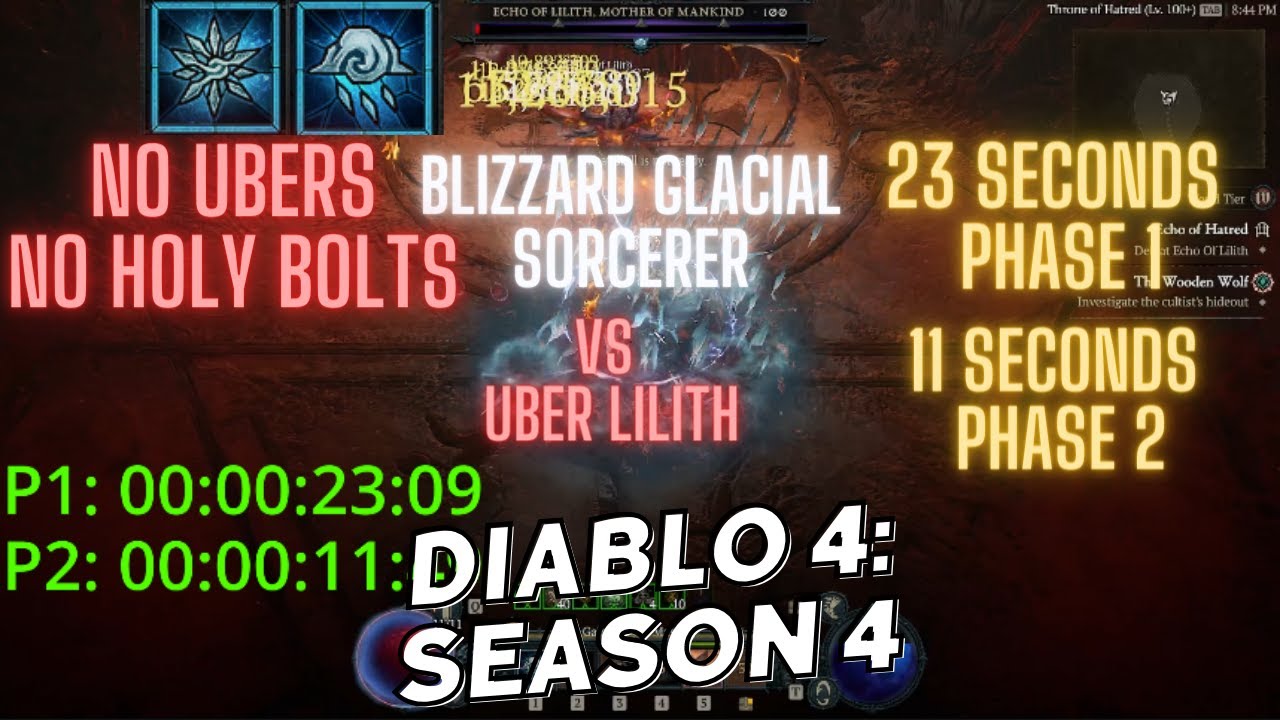 Diablo 4 Blizzard Sorcerer NO Ubers NO Holy bolts vs Uber Lilith in 11 Seconds Phase 2 Season 4